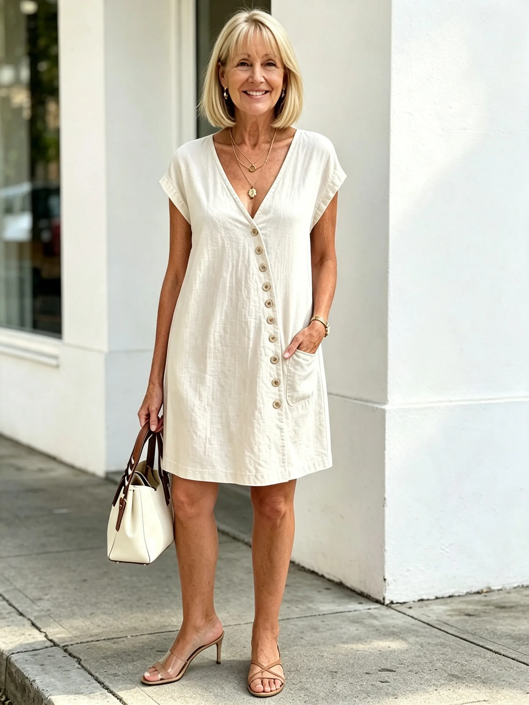 QUEENWAY | Women's V-Neck Diagonal Button Casual Resort Style Dress