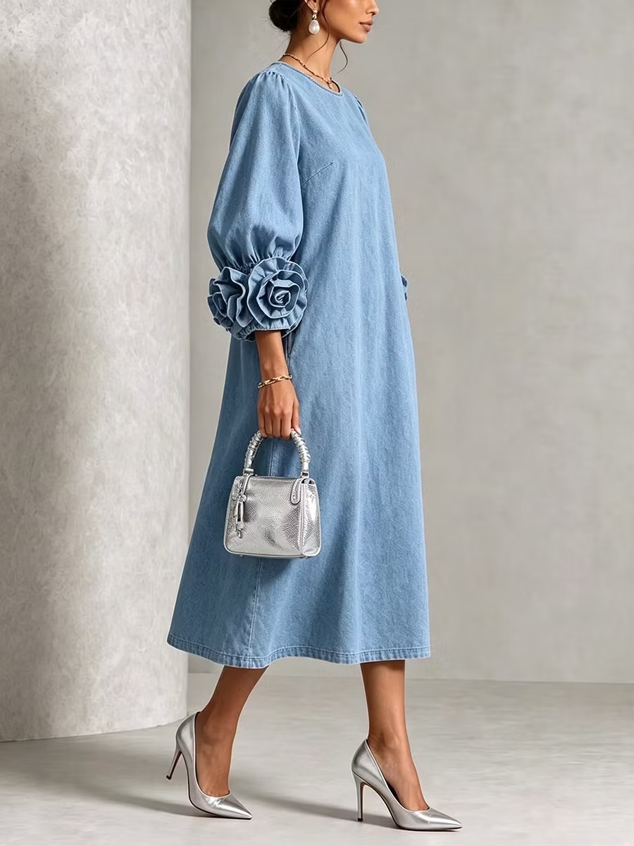QUEENWAY | Chic Chambray Denim 3D Rosette Sleeve Midi Dress