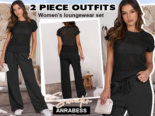 ANRABESS Women's Summer 2-Piece Crochet Sheer Knit Round Neck Shortsleeve Sweater Top & Wide Leg Pants Matching Clothes Set, Comfortable for Vacation & Going Out