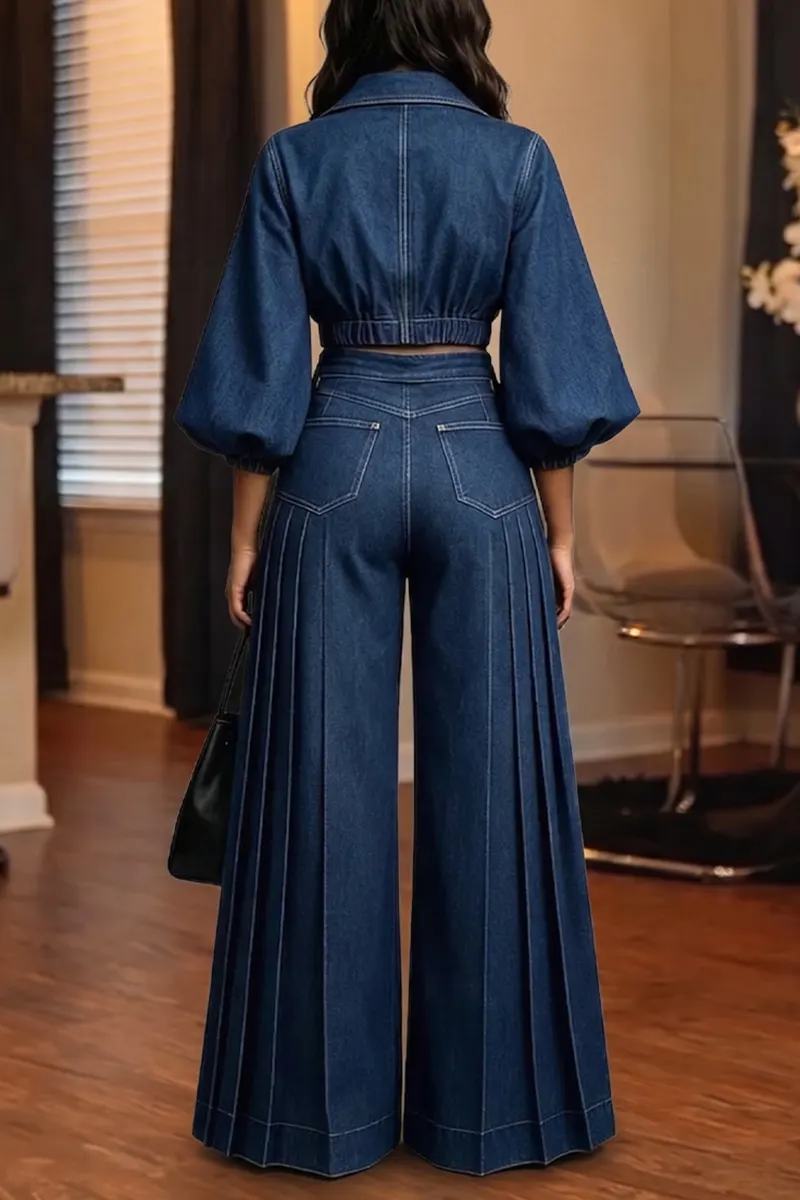 QUEENWAY | 2026 Women's Fashion Puff Sleeve Short Denim Jacket + Wide Leg Jeans