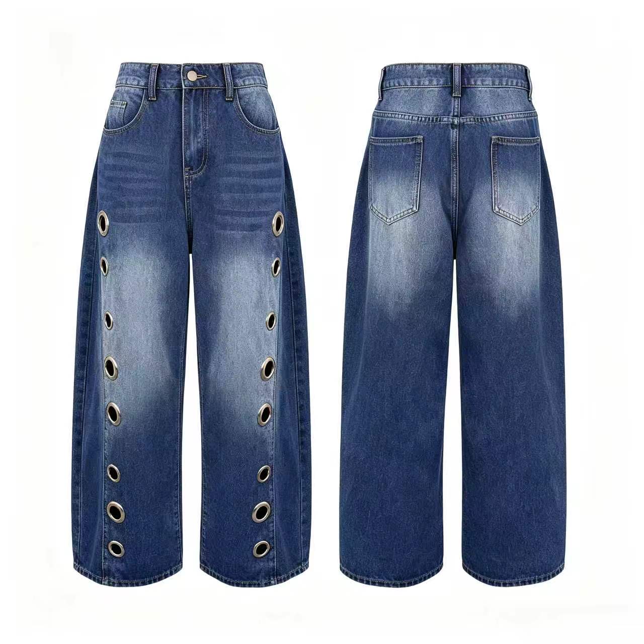 UOOZEE Women's 2026 New High-Waist Buttoned Geometric Hollow Pocket Loose Cotton Denim Trousers - Spring-Summer Casual Wear Everyday Bottoms with Eyelet Cutouts- Pair with Top, Tank Top,back to school shopping