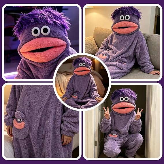 Funny Big Mouth Monster Hooded Onesie Pajamas with Large Comb - Oversized Plush Fleece Loungewear Nightwear for Sleeping, Parties