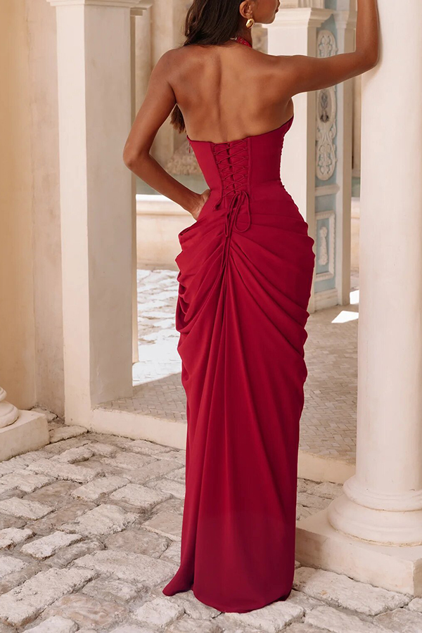 🔥HOT SALE 49% Off🔥Minette Halter Back Lace-up Asymmetrical Pleats Slit Maxi Dress