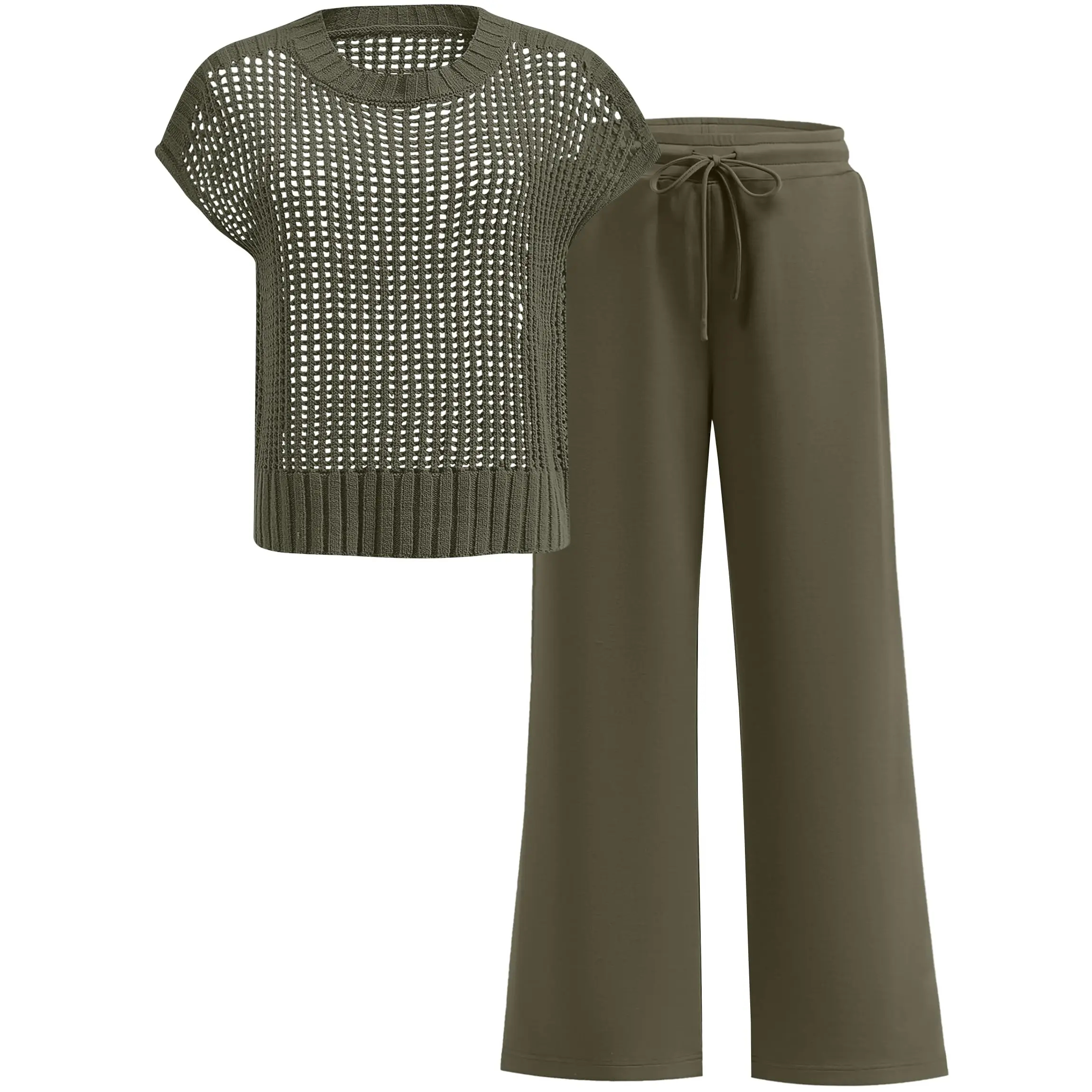 Women's Summer 2-Piece Crochet Sheer Knit Round Neck Shortsleeve Sweater Top & Wide Leg Pants Matching Clothes Set (2026)