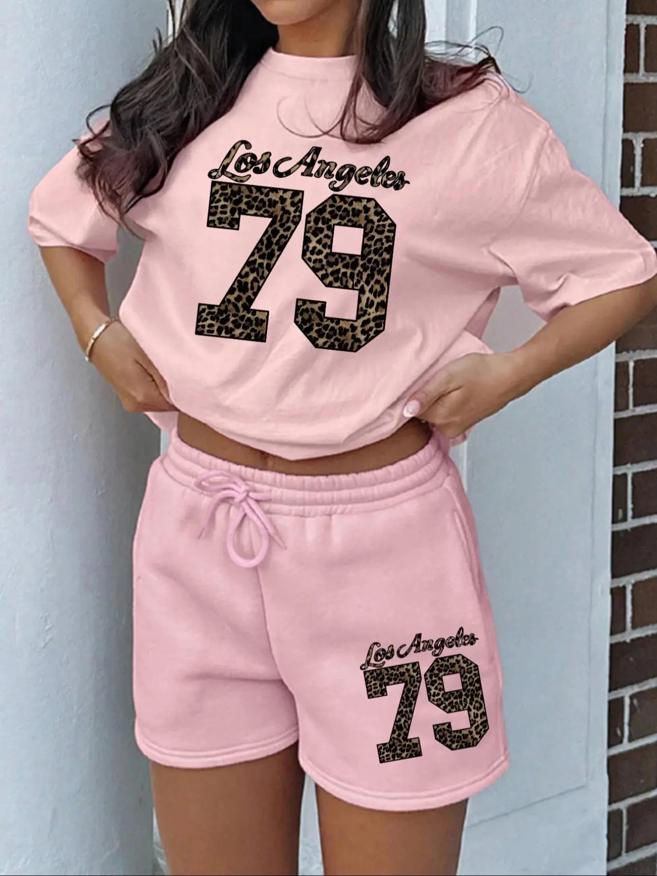 Women's Letter Print Tee & Drawstring Waist Shorts Set