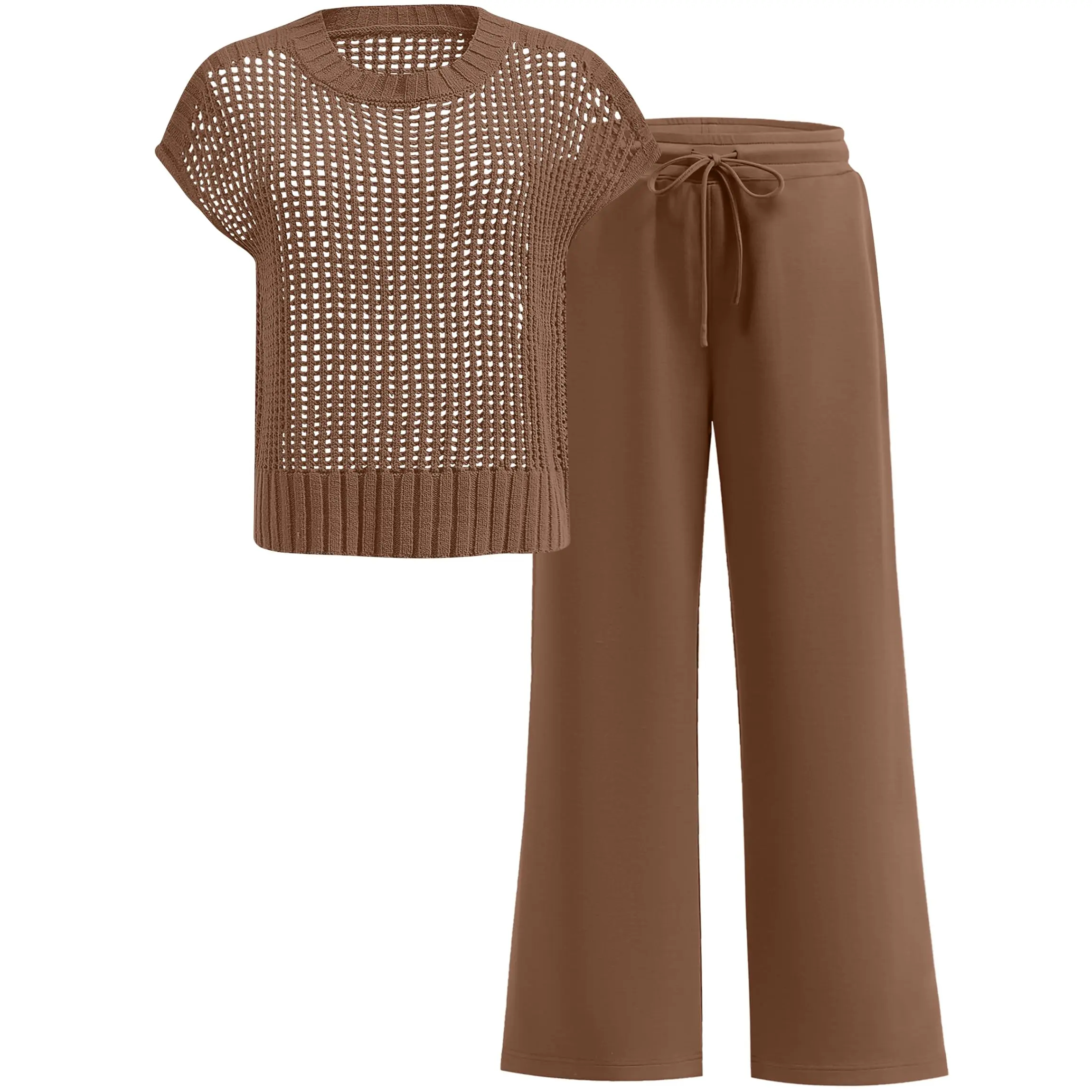 Women's Summer 2-Piece Crochet Sheer Knit Round Neck Shortsleeve Sweater Top & Wide Leg Pants Matching Clothes Set (2026)