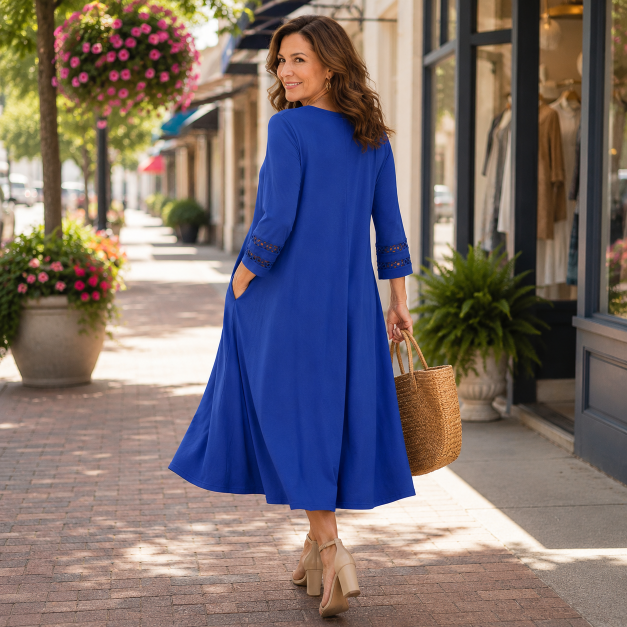 QUEENWAY | Crochet Sleeve V-Neck Pocket Midi Dress