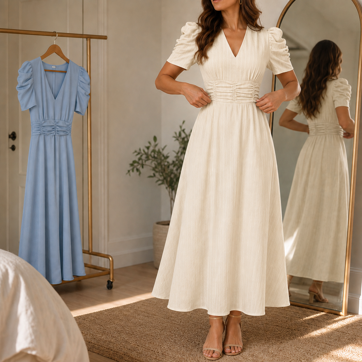 QUEENWAY | Ruched Waist Puff Sleeve V-Neck Midi Dress