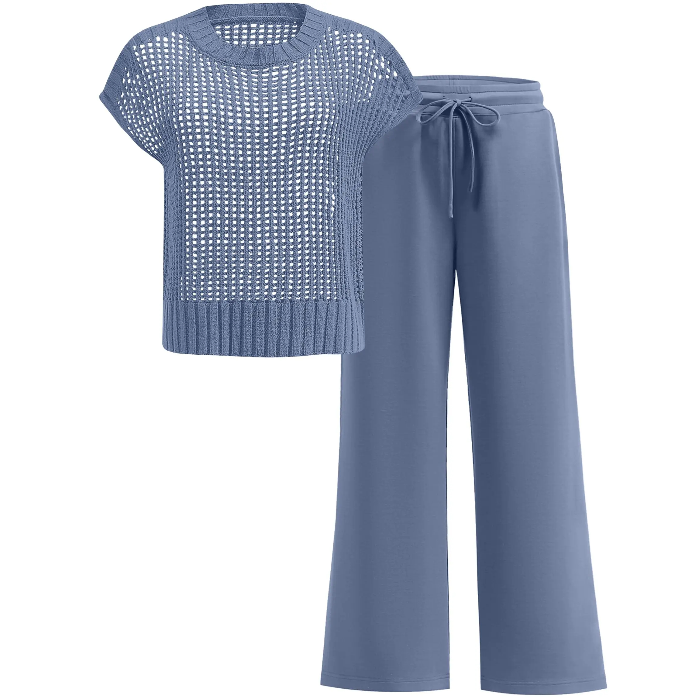 Women's Summer 2-Piece Crochet Sheer Knit Round Neck Shortsleeve Sweater Top & Wide Leg Pants Matching Clothes Set (2026)