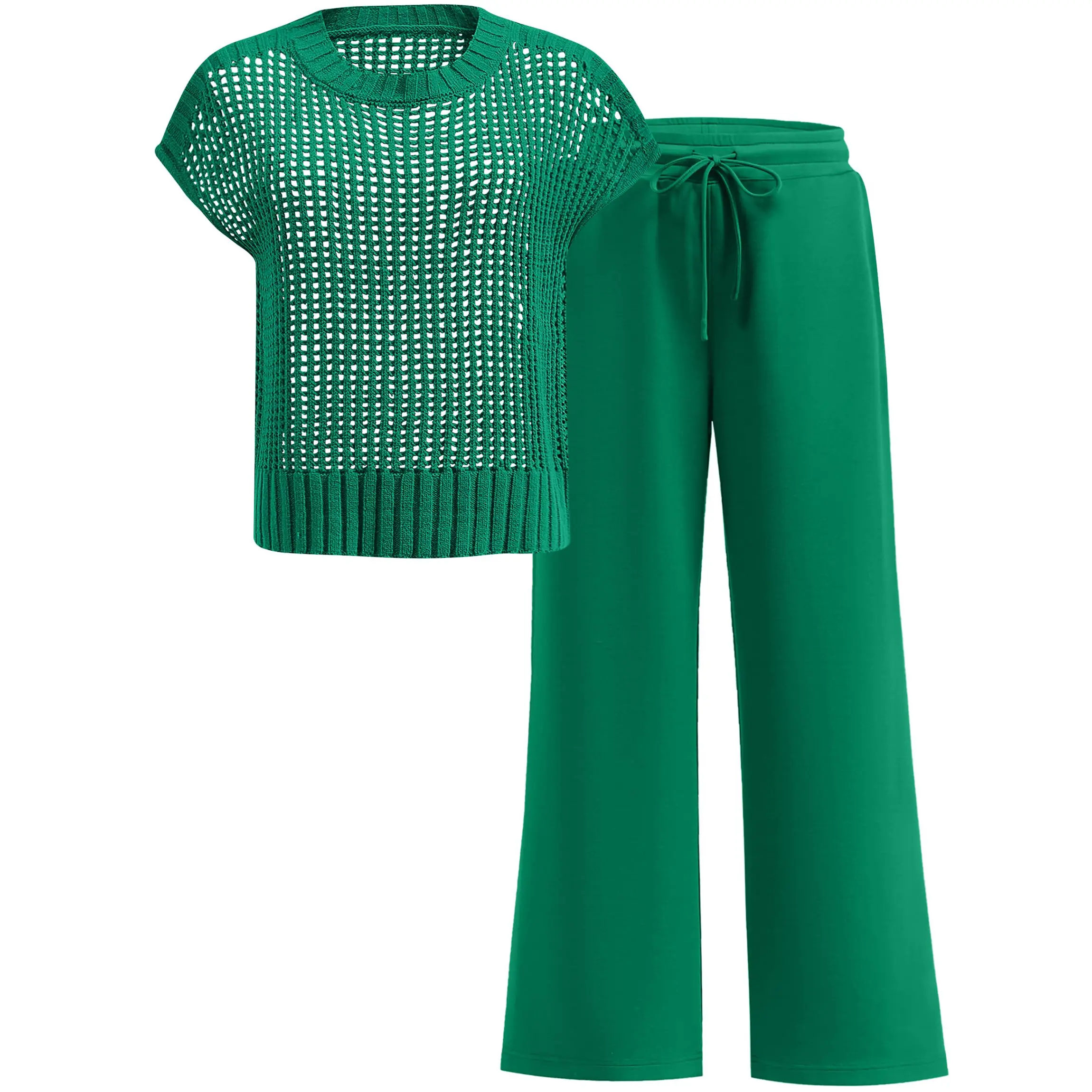 Women's Summer 2-Piece Crochet Sheer Knit Round Neck Shortsleeve Sweater Top & Wide Leg Pants Matching Clothes Set (2026)