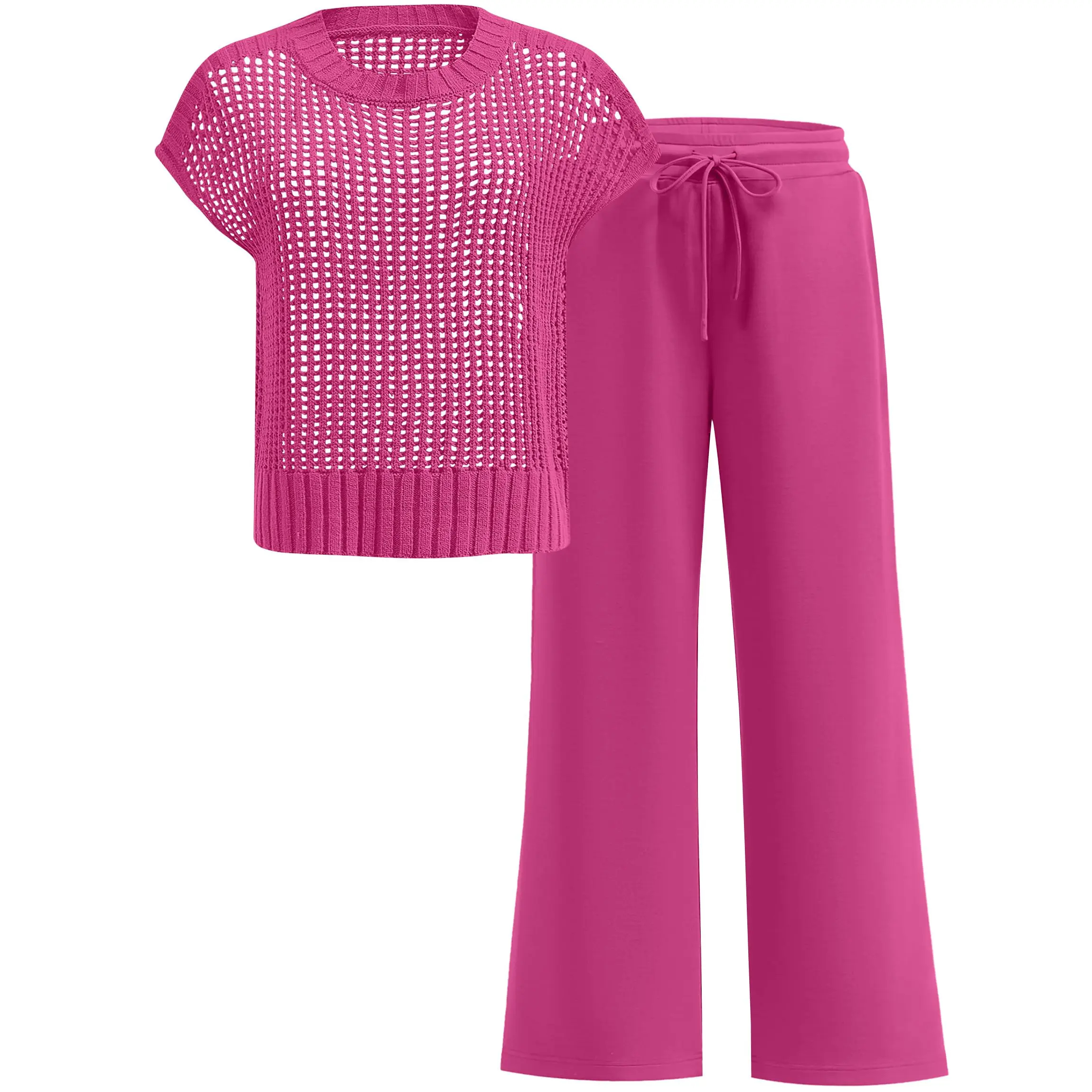 Women's Summer 2-Piece Crochet Sheer Knit Round Neck Shortsleeve Sweater Top & Wide Leg Pants Matching Clothes Set (2026)