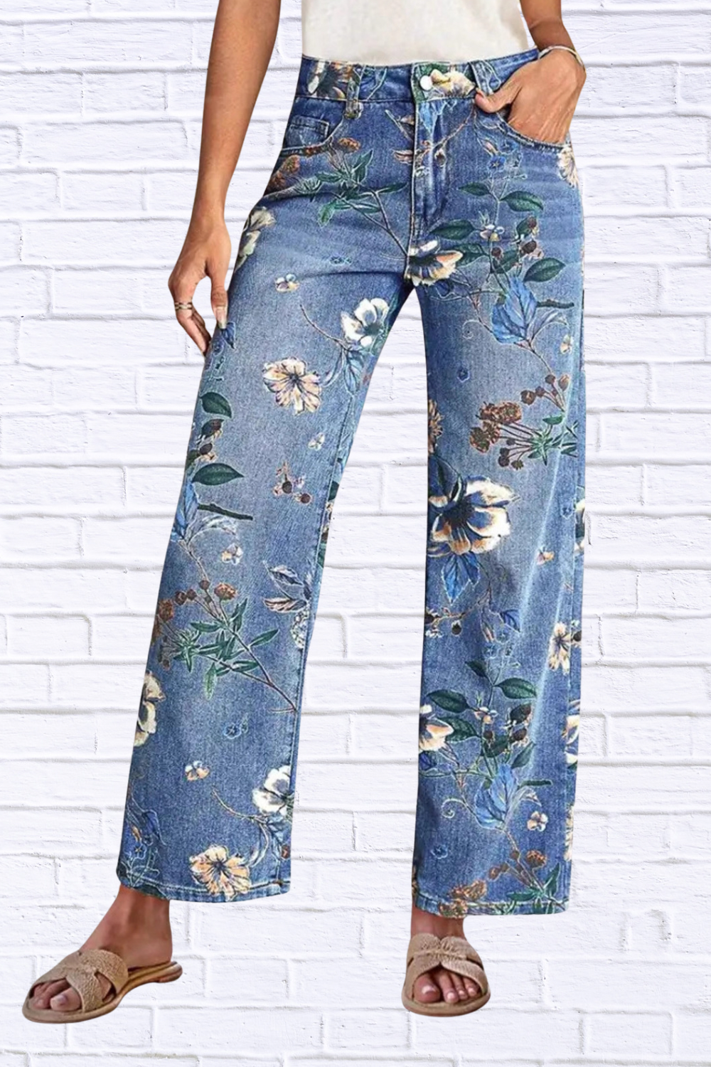 2026 Floral Print Wide Leg Jeans for Women | High Rise Boutique Denim Pants