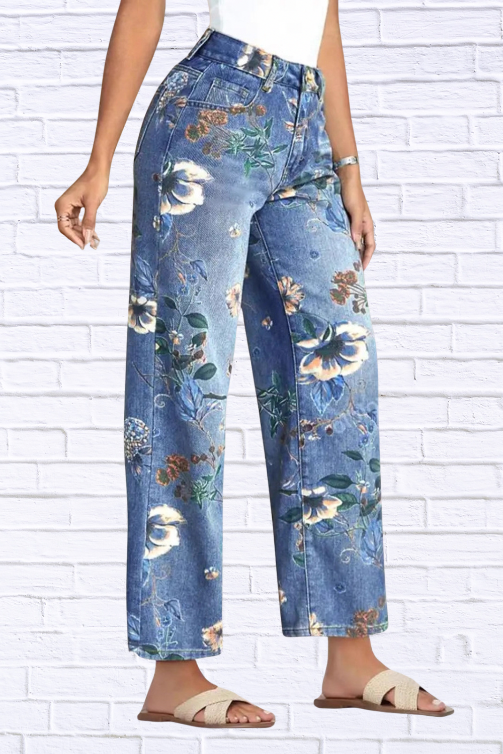 2026 Floral Print Wide Leg Jeans for Women | High Rise Boutique Denim Pants