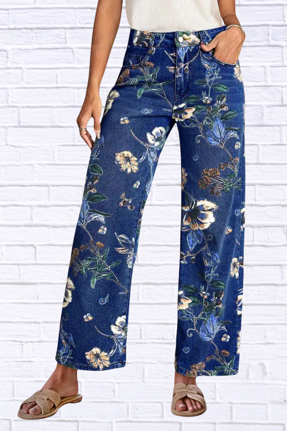 2026 Floral Print Wide Leg Jeans for Women | High Rise Boutique Denim Pants