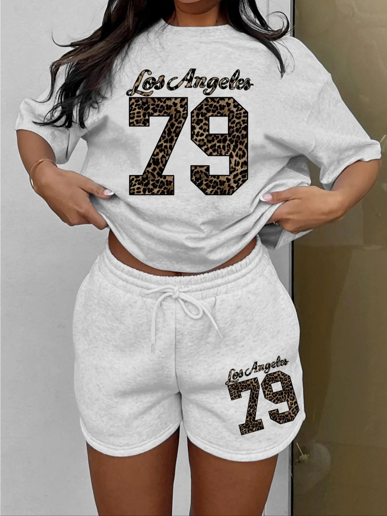 Women's Letter Print Tee & Drawstring Waist Shorts Set
