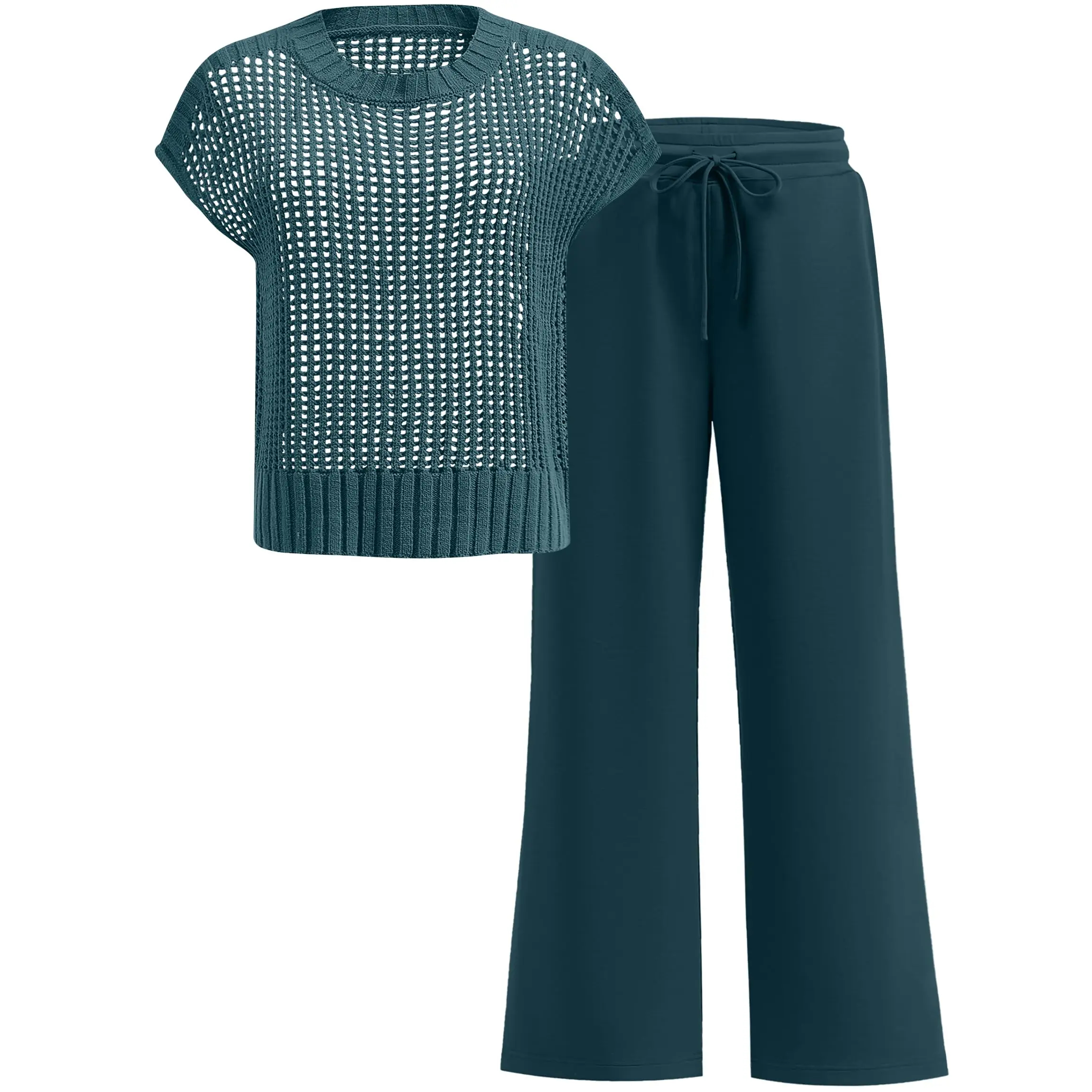 Women's Summer 2-Piece Crochet Sheer Knit Round Neck Shortsleeve Sweater Top & Wide Leg Pants Matching Clothes Set (2026)