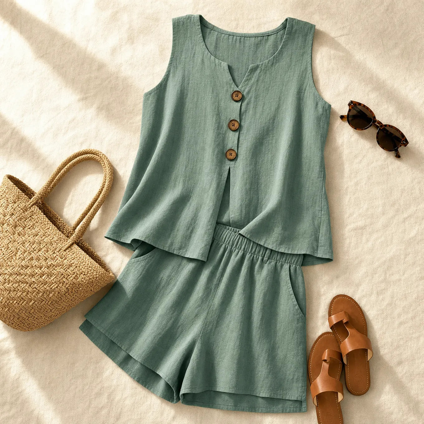 Linen-Look 2 Piece Set, Sleeveless Button Top and Relaxed Shorts, Summer Matching Set for Women