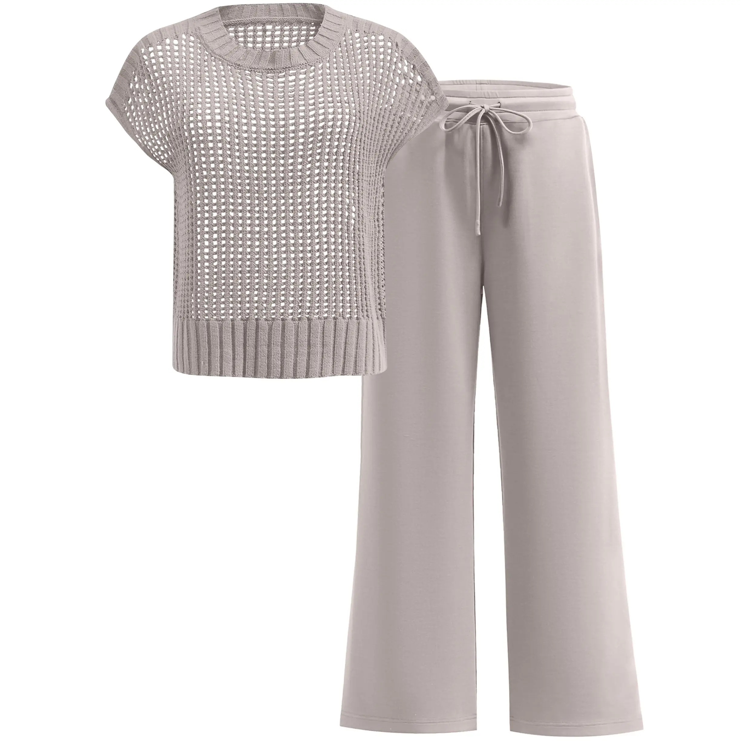Women's Summer 2-Piece Crochet Sheer Knit Round Neck Shortsleeve Sweater Top & Wide Leg Pants Matching Clothes Set (2026)