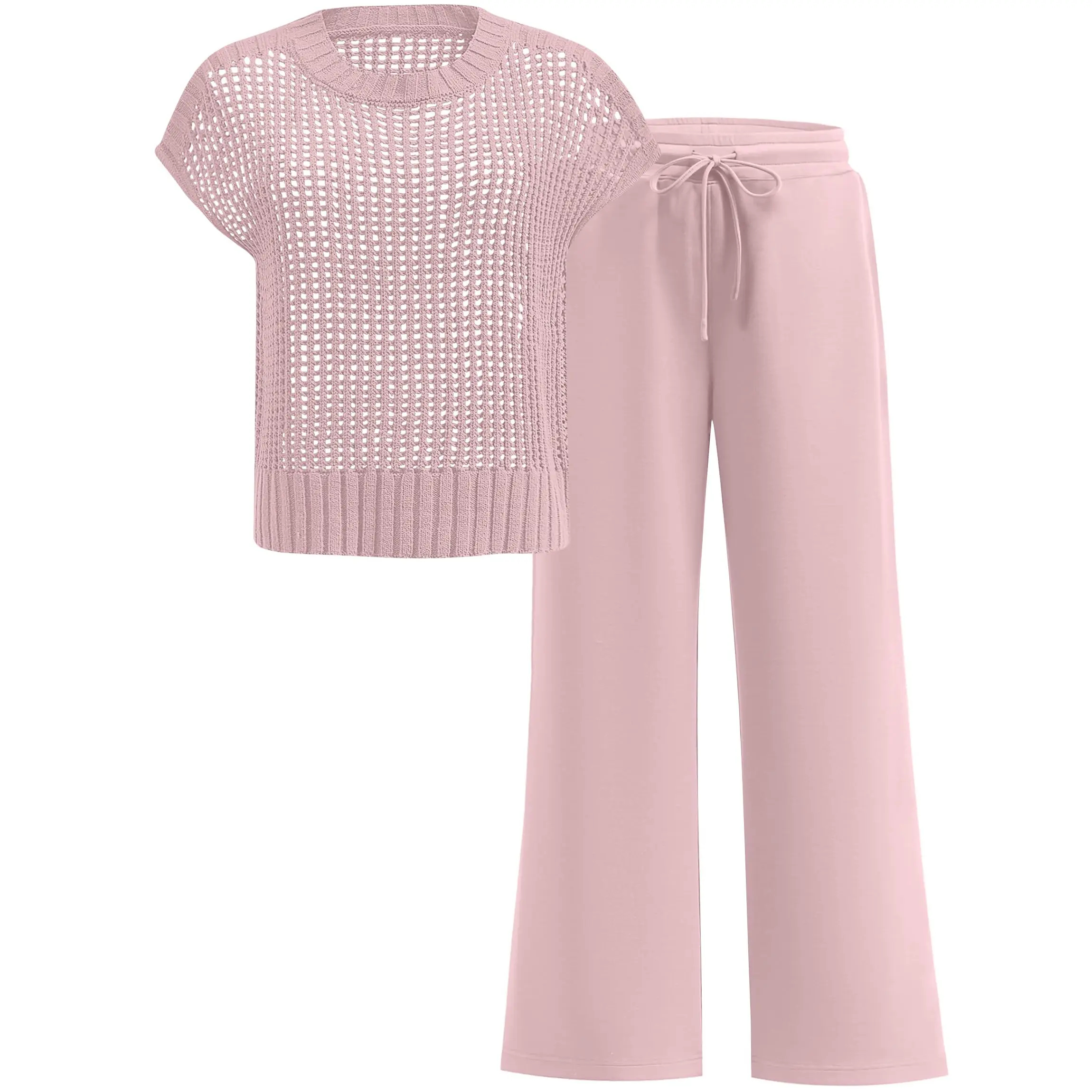 Women's Summer 2-Piece Crochet Sheer Knit Round Neck Shortsleeve Sweater Top & Wide Leg Pants Matching Clothes Set (2026)