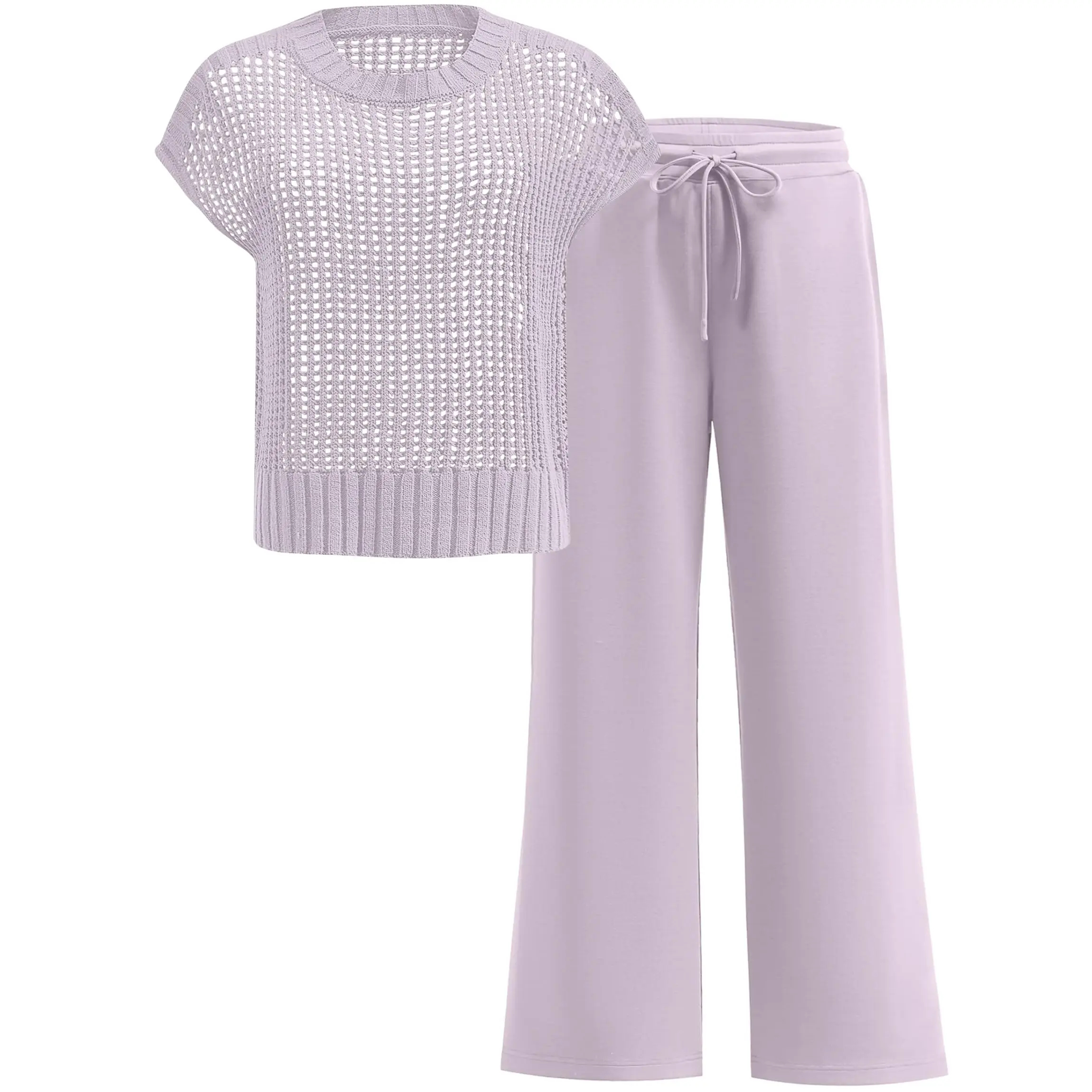 Women's Summer 2-Piece Crochet Sheer Knit Round Neck Shortsleeve Sweater Top & Wide Leg Pants Matching Clothes Set (2026)