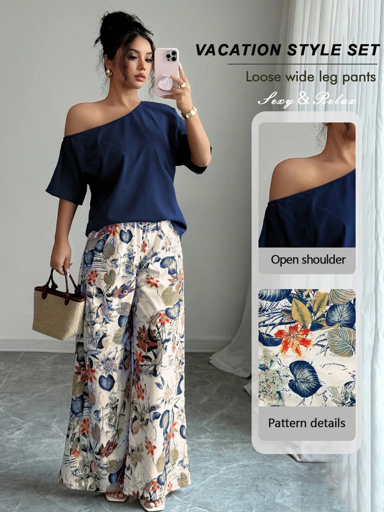 2026 Women Summer Casual Solid Color Asymmetrical Shoulder Top And Floral Print Pants Set