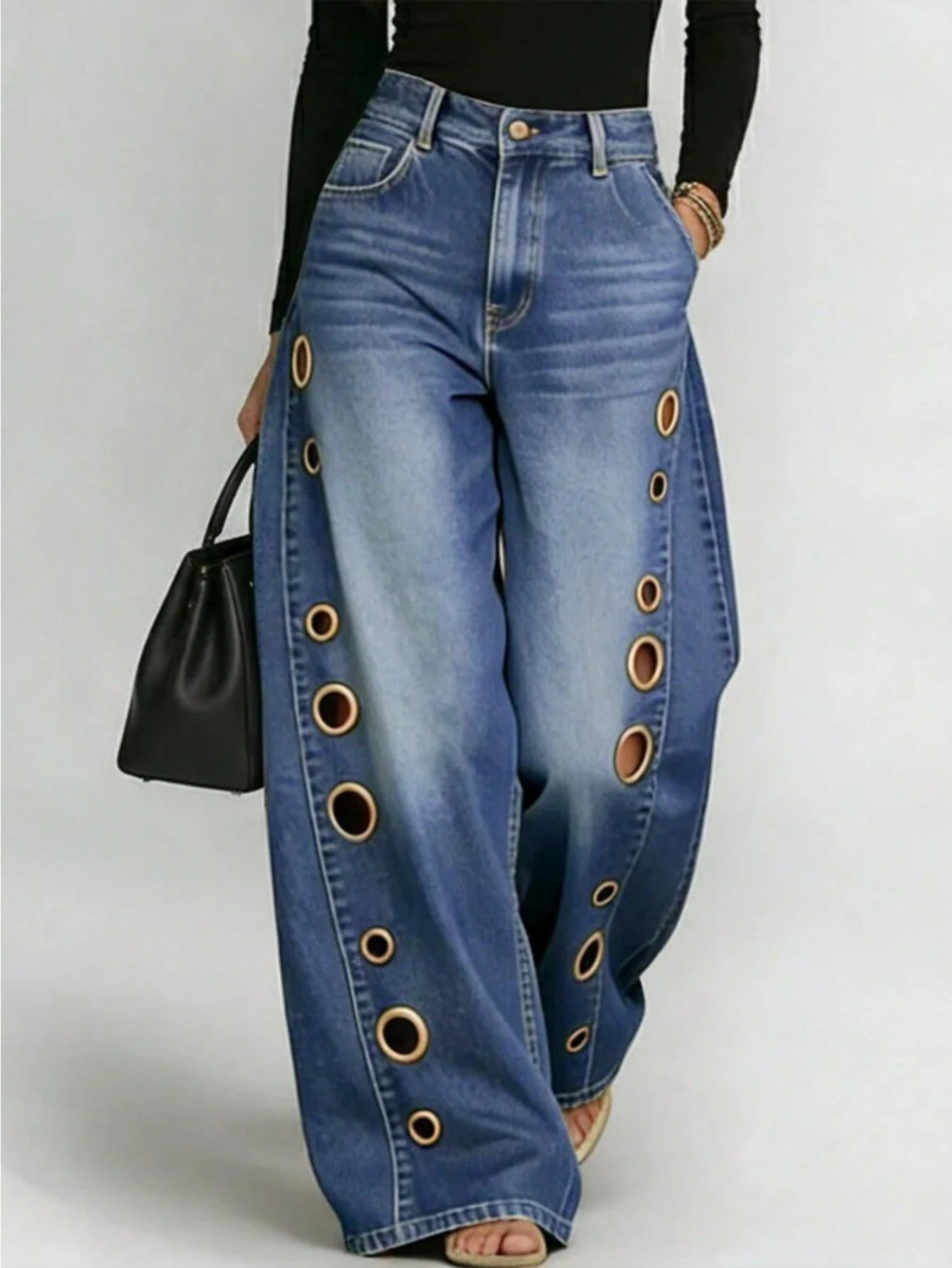 Women's New High-Waisted Button-Up Geometric Cutout Pocket Loose Fit Cotton Jeans (2026)