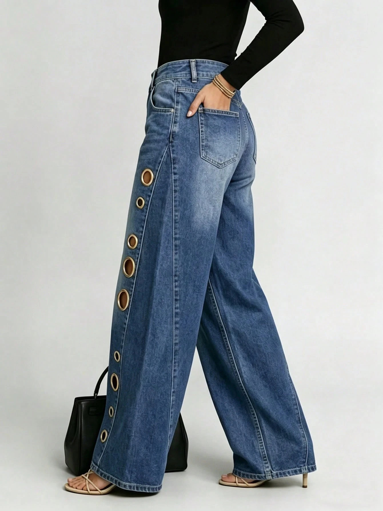 Women's New High-Waisted Button-Up Geometric Cutout Pocket Loose Fit Cotton Jeans (2026)