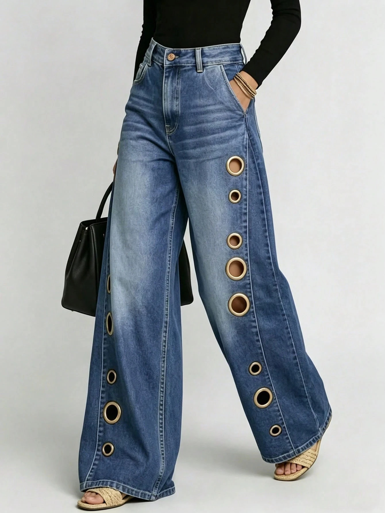 Women's New High-Waisted Button-Up Geometric Cutout Pocket Loose Fit Cotton Jeans (2026)