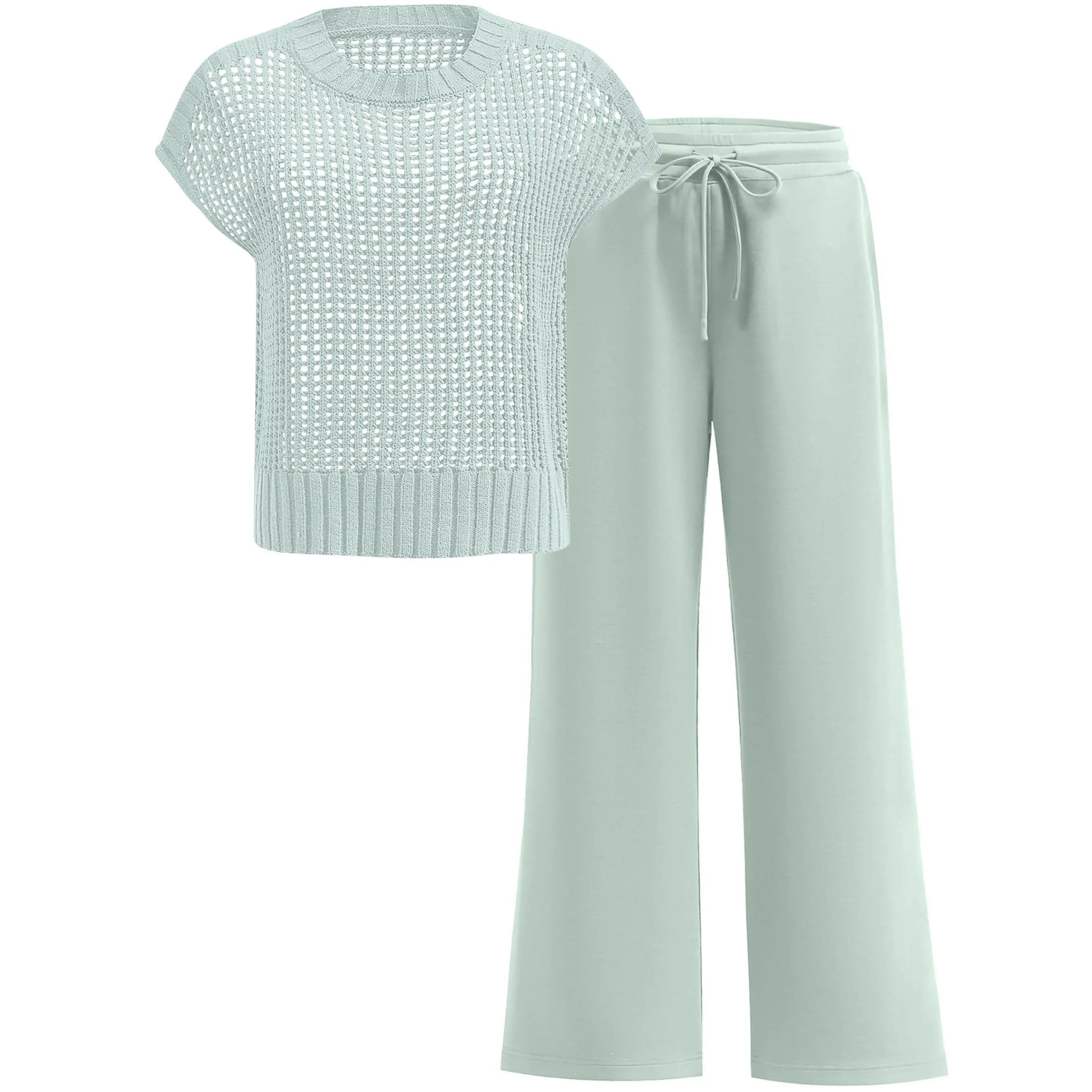 Women's Summer 2-Piece Crochet Sheer Knit Round Neck Shortsleeve Sweater Top & Wide Leg Pants Matching Clothes Set (2026)