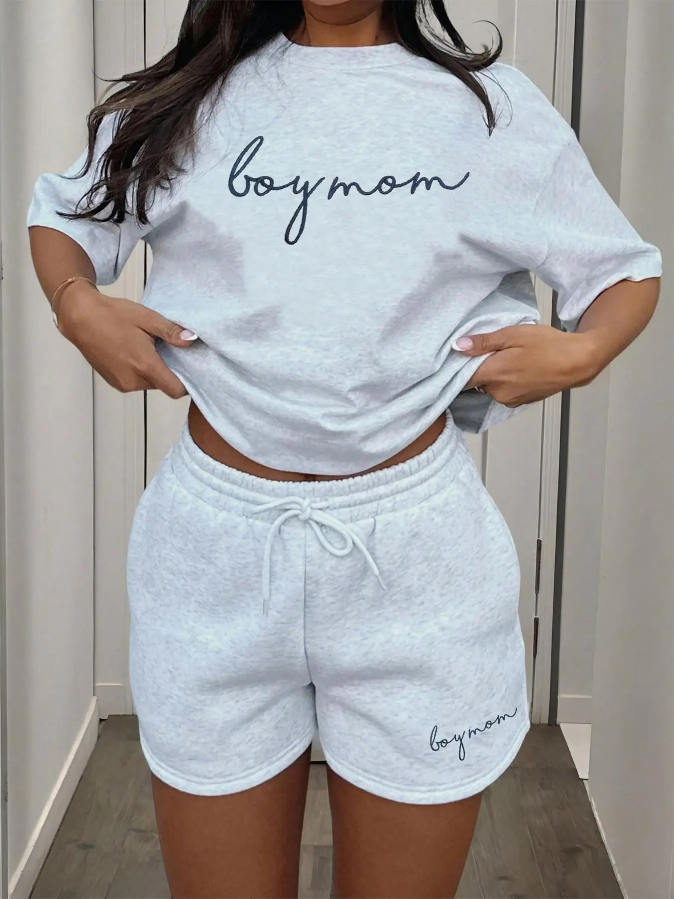 Women's Letter Print Tee & Drawstring Waist Shorts Set