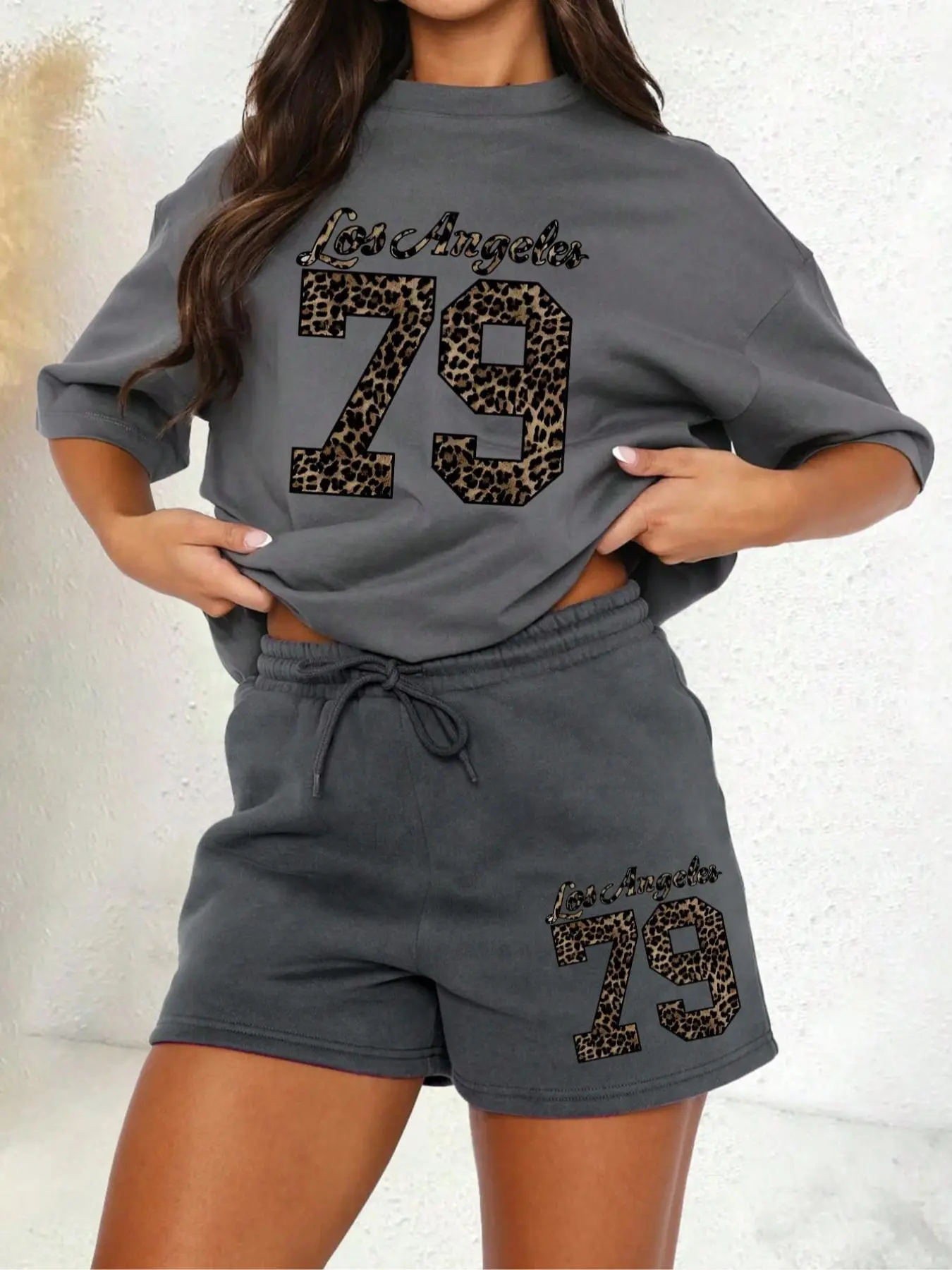 Women's Letter Print Tee & Drawstring Waist Shorts Set