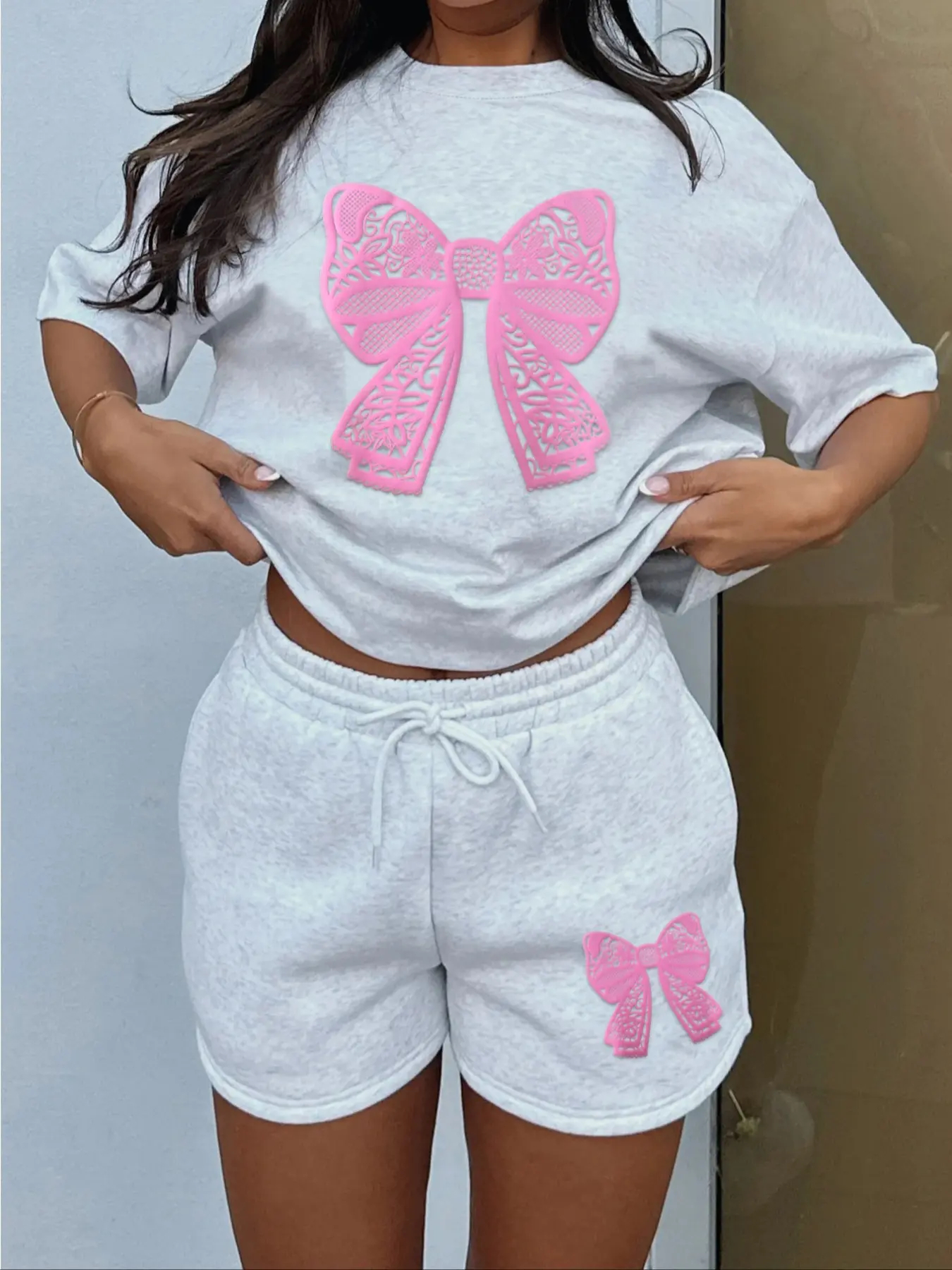 Women's Letter Print Tee & Drawstring Waist Shorts Set