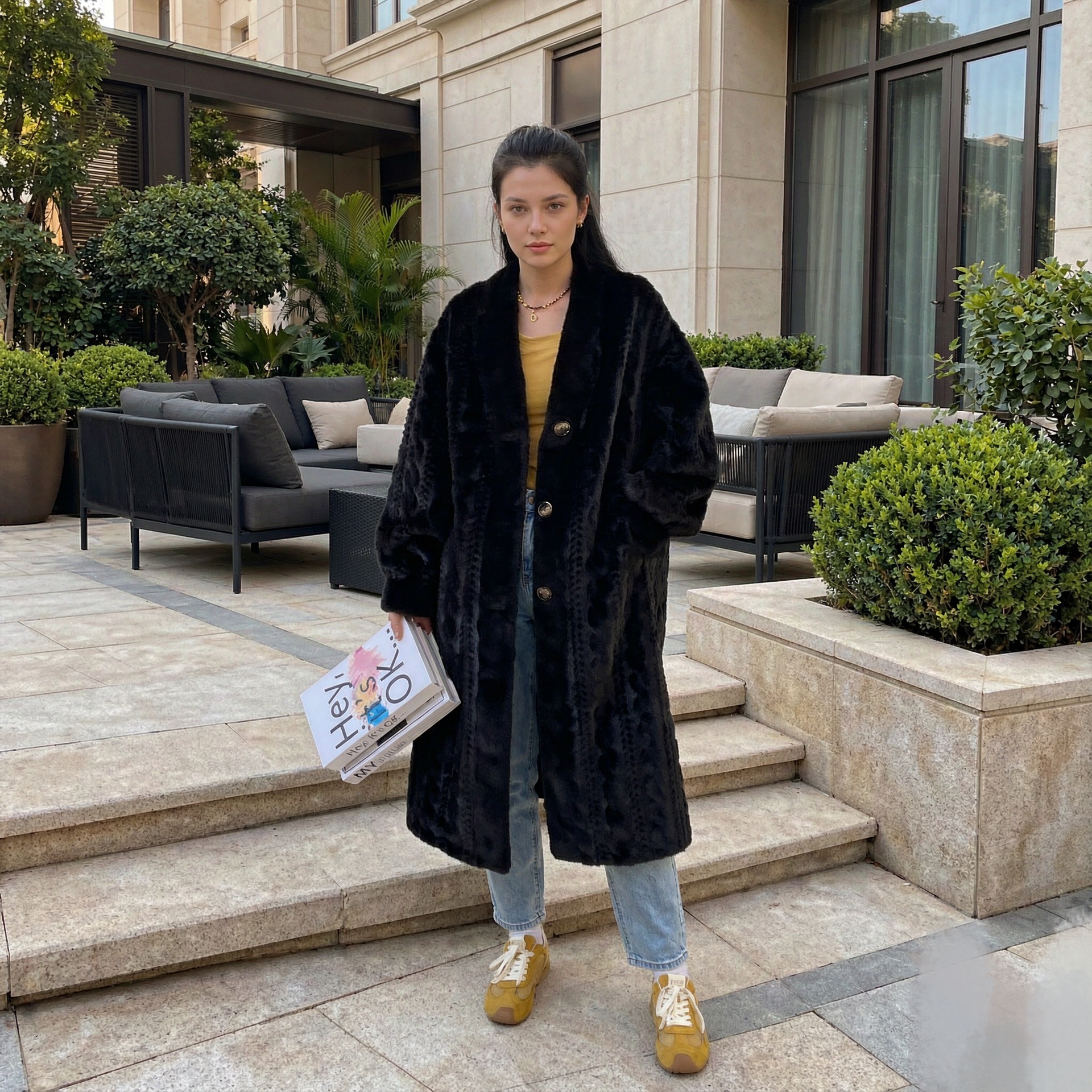 QUEENWAY | Casual Beige V Neck Button Mink Hair Leather And Fur Long Coats