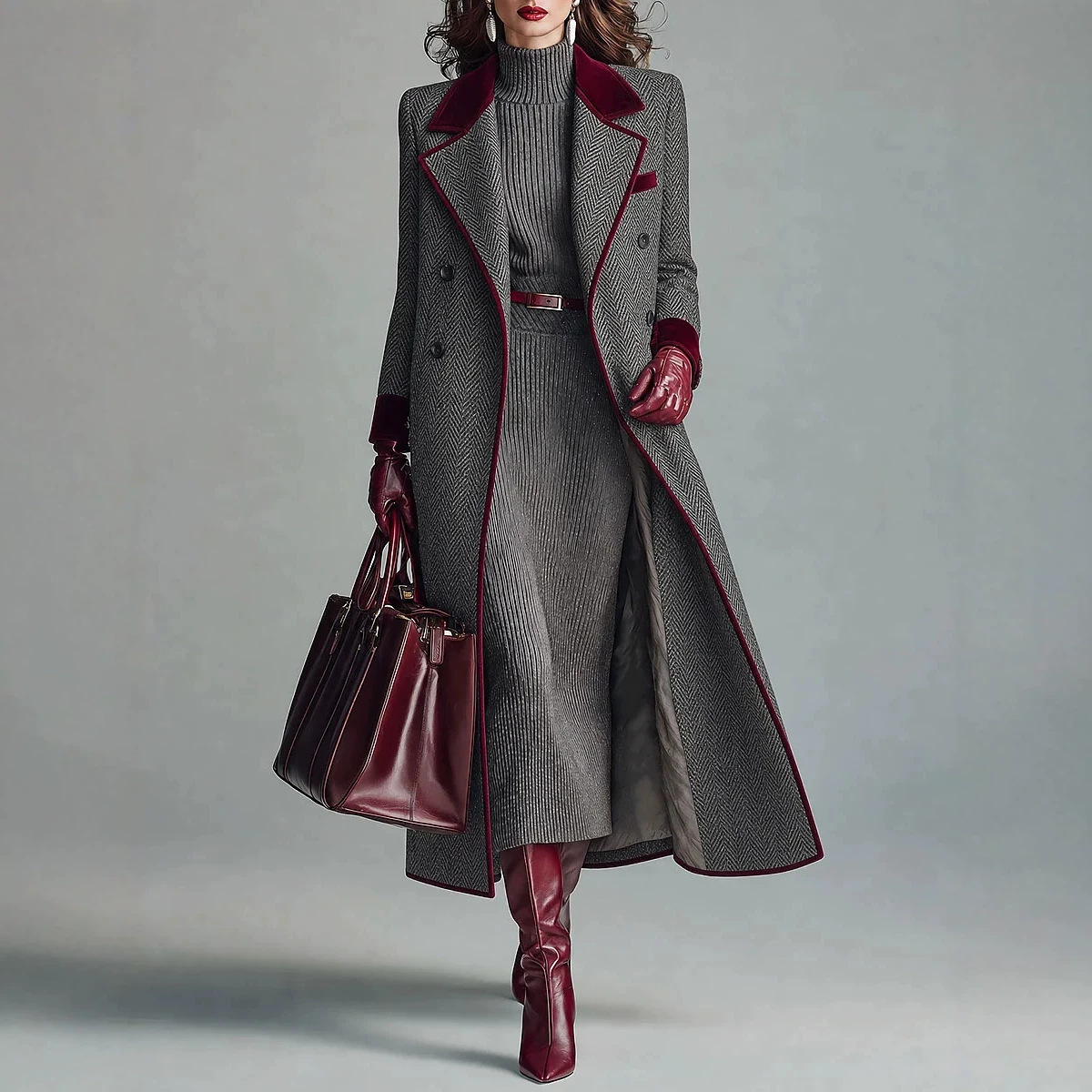 QUEENWAY | Elegant Herringbone Wool-blend Long Coat