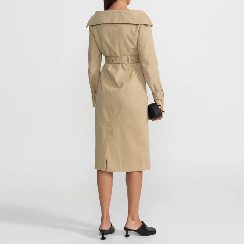 QUEENWAY | Elegant Beige Off-Shoulder Belted Trench Midi Dress