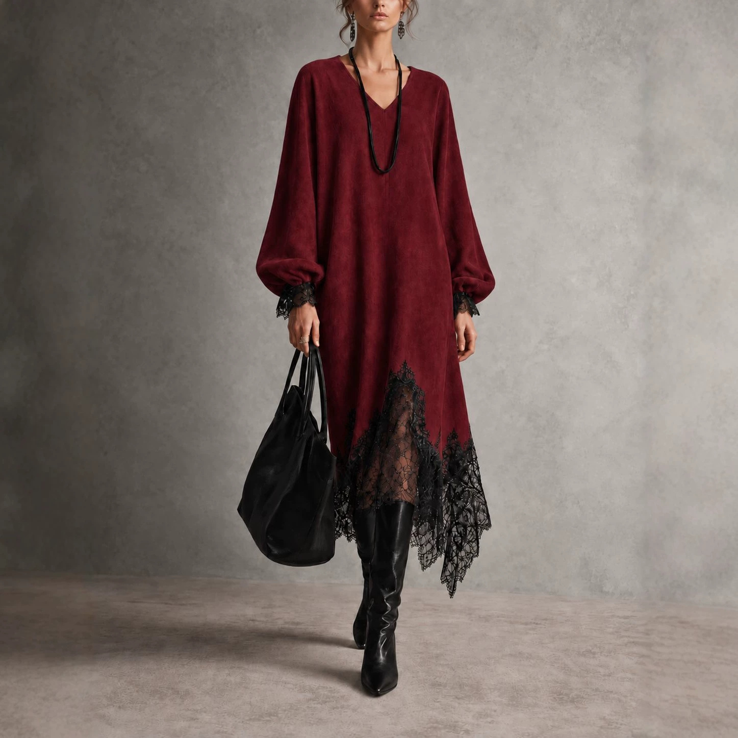 QUEENWAY | Elegant Cozy Shimmer Knit Midi Dress With Lace Trim