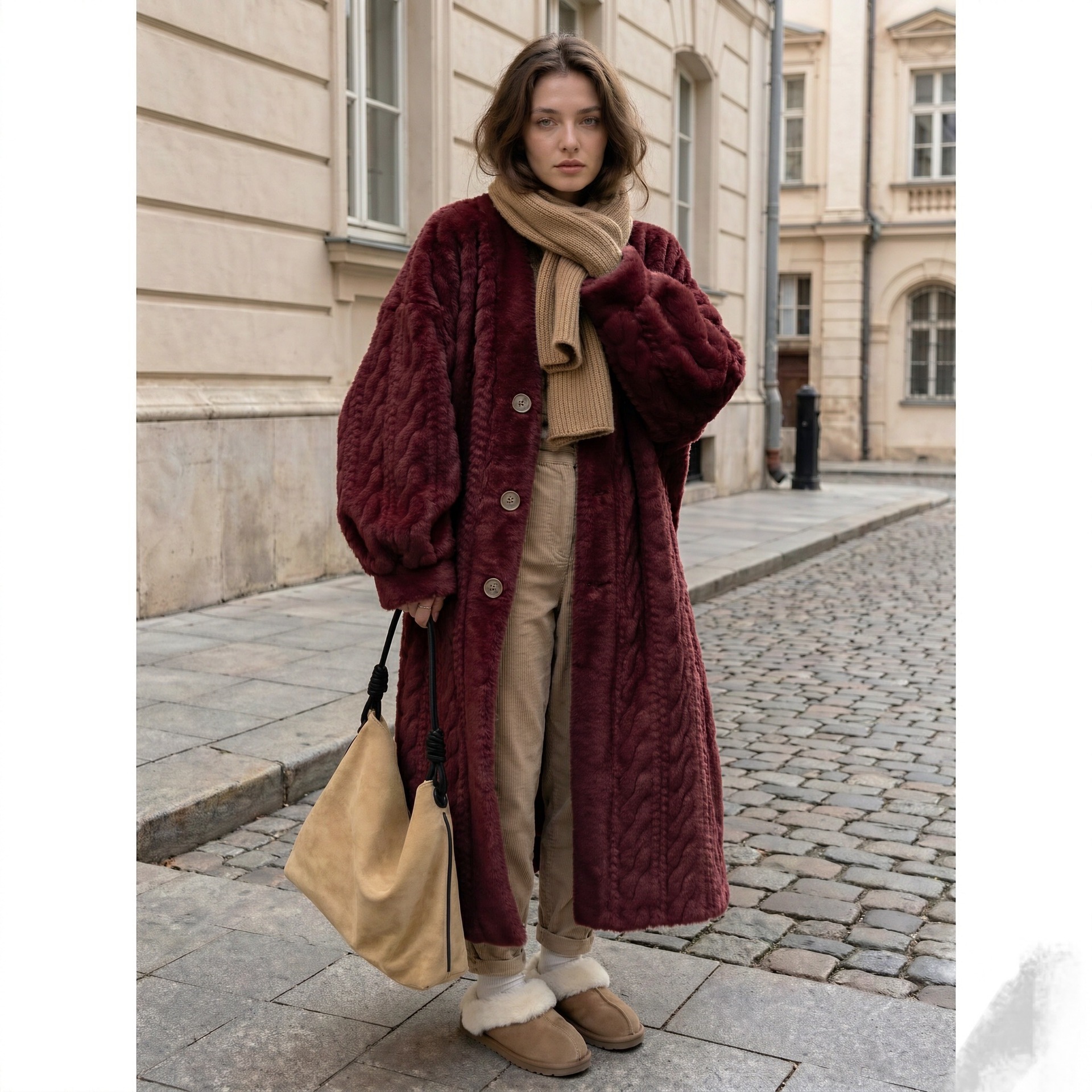 QUEENWAY | Casual Beige V Neck Button Mink Hair Leather And Fur Long Coats