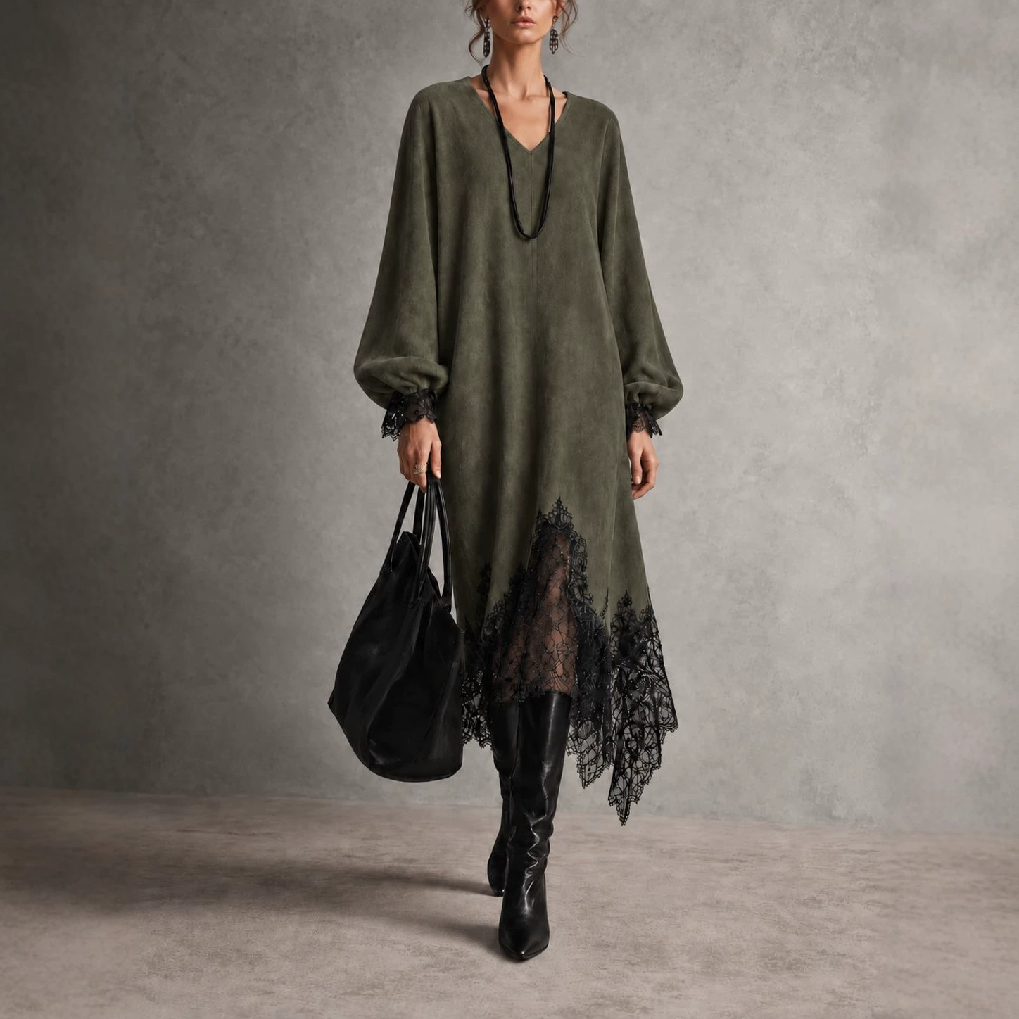 QUEENWAY | Elegant Cozy Shimmer Knit Midi Dress With Lace Trim