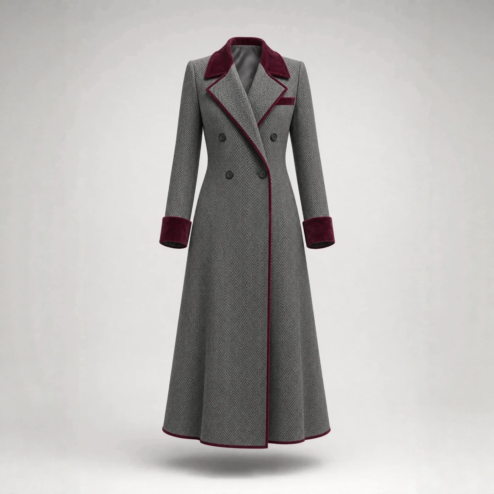 QUEENWAY | Elegant Herringbone Wool-blend Long Coat