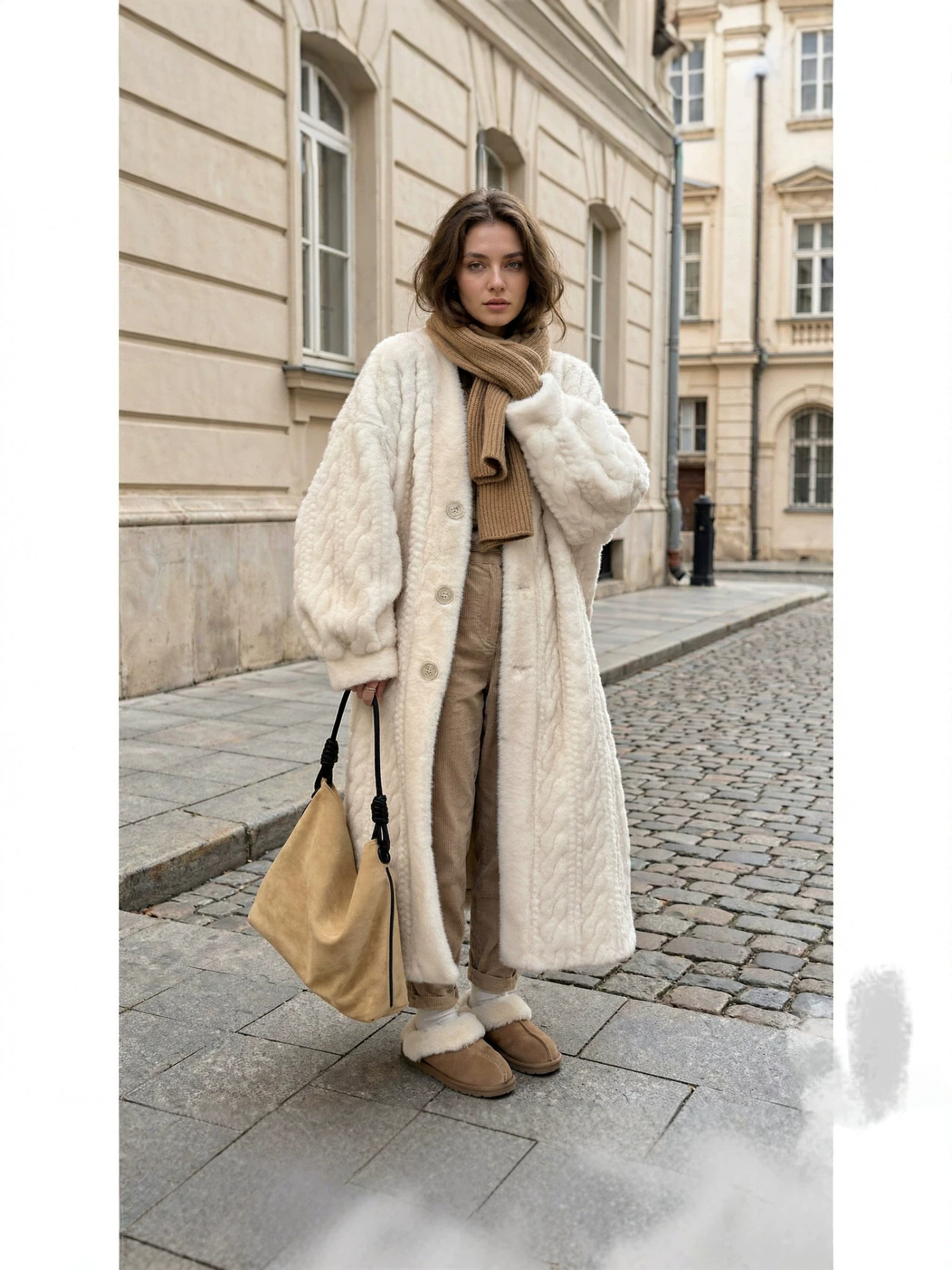QUEENWAY | Casual Beige V Neck Button Mink Hair Leather And Fur Long Coats