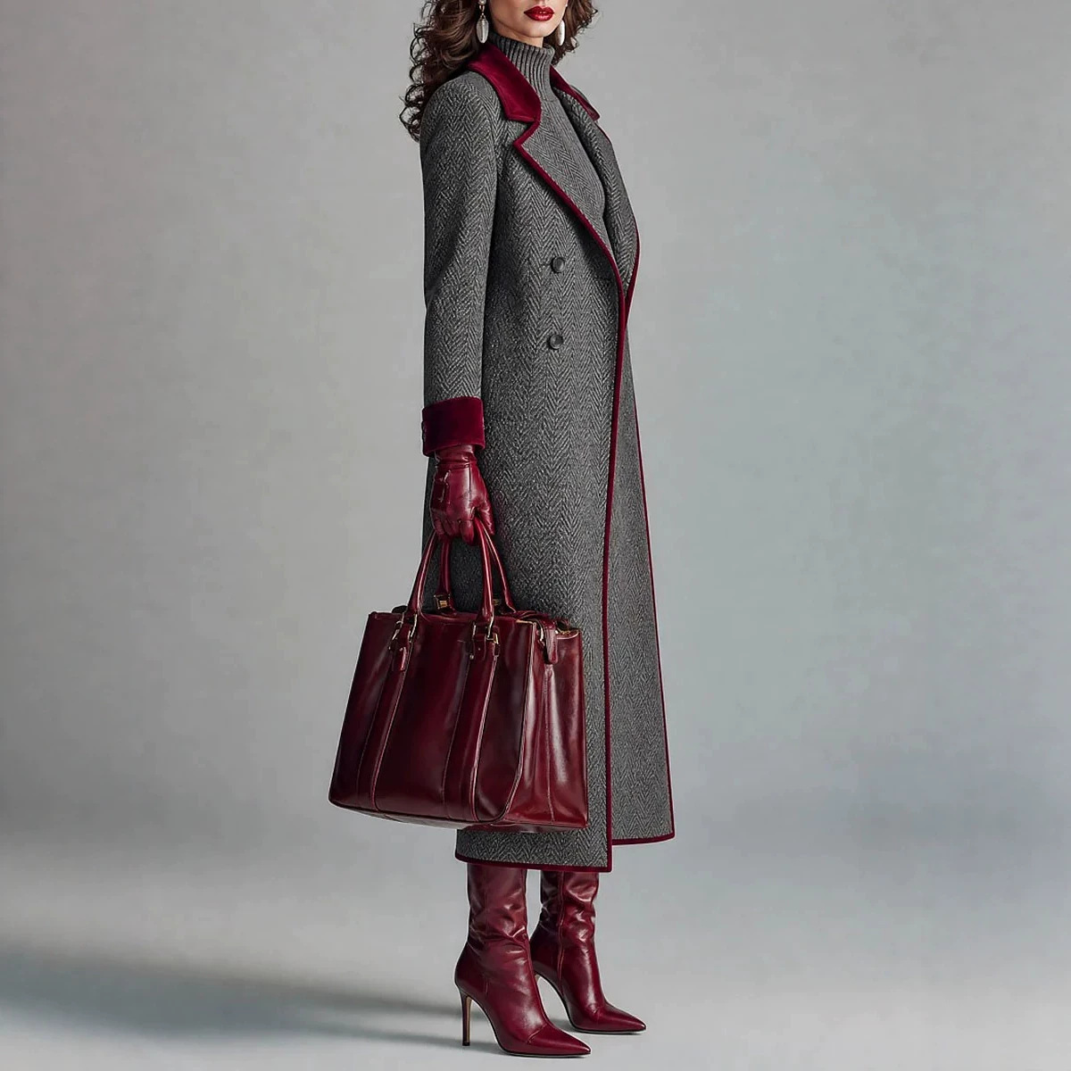 QUEENWAY | Elegant Herringbone Wool-blend Long Coat