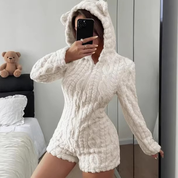 QUEENWAY | Animal Shaped Hooded Teddy Bear Embroidery Plush Women One-Piece Fluffy Romper, For Fall Winter, Cozy