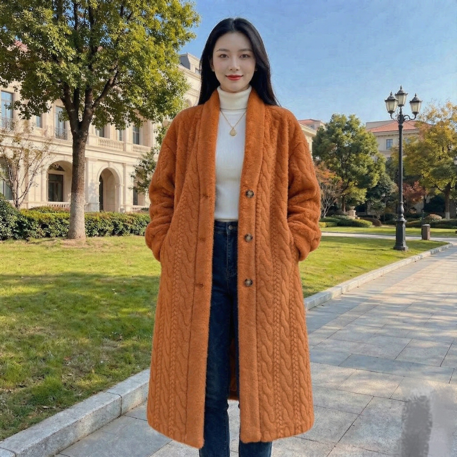 QUEENWAY | Casual Beige V Neck Button Mink Hair Leather And Fur Long Coats