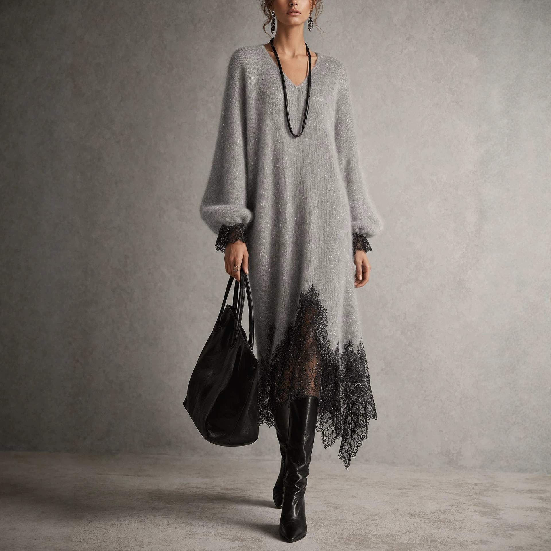 QUEENWAY | Elegant Cozy Shimmer Knit Midi Dress With Lace Trim