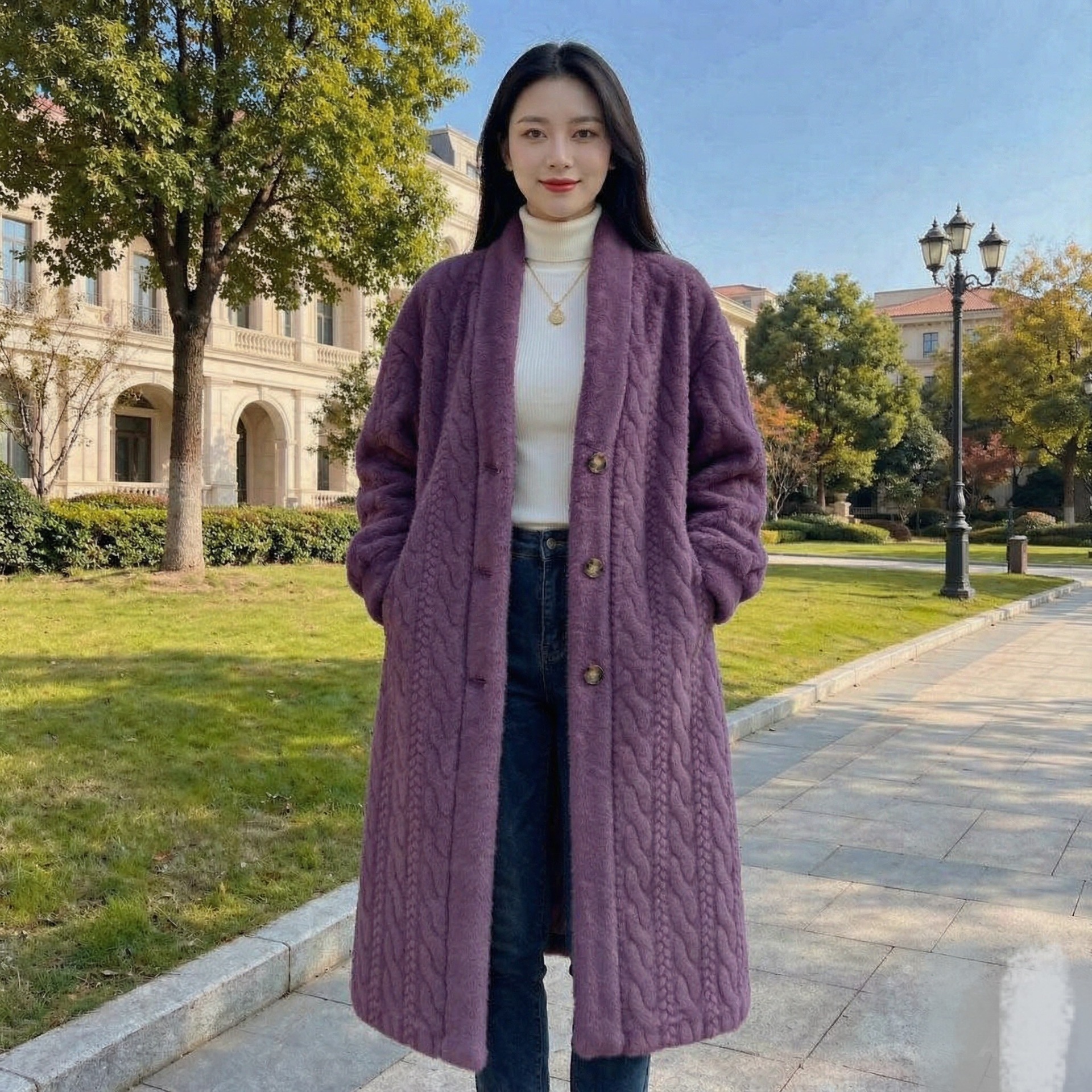 QUEENWAY | Casual Beige V Neck Button Mink Hair Leather And Fur Long Coats
