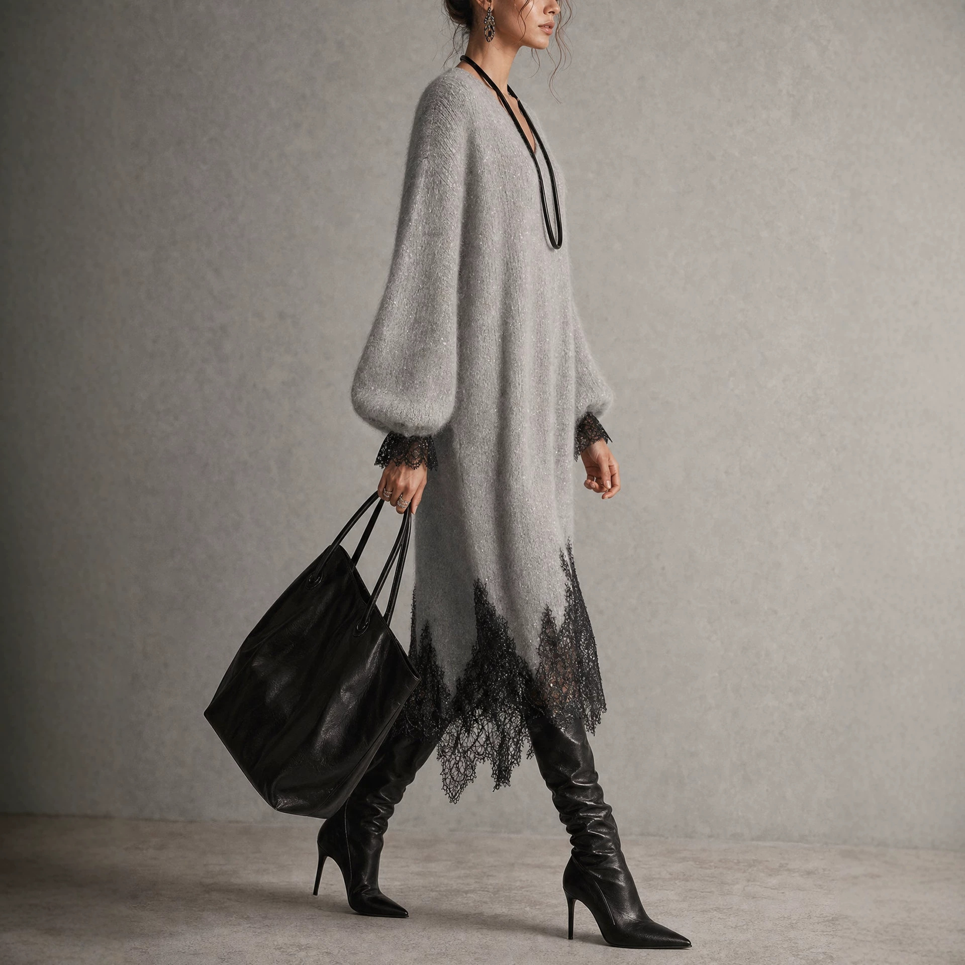 QUEENWAY | Elegant Cozy Shimmer Knit Midi Dress With Lace Trim
