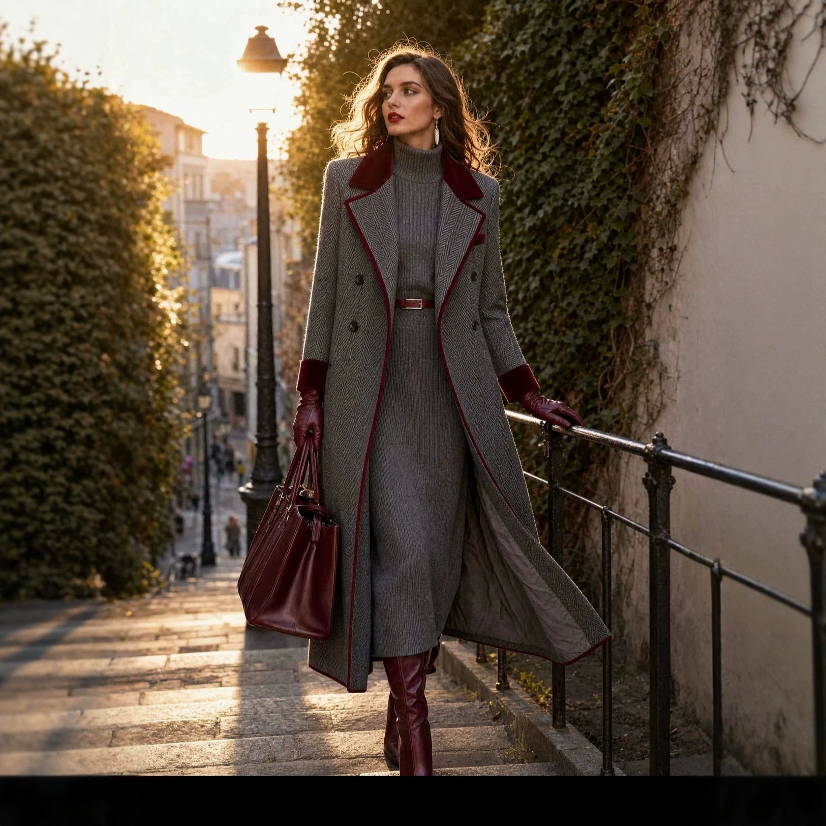 QUEENWAY | Elegant Herringbone Wool-blend Long Coat