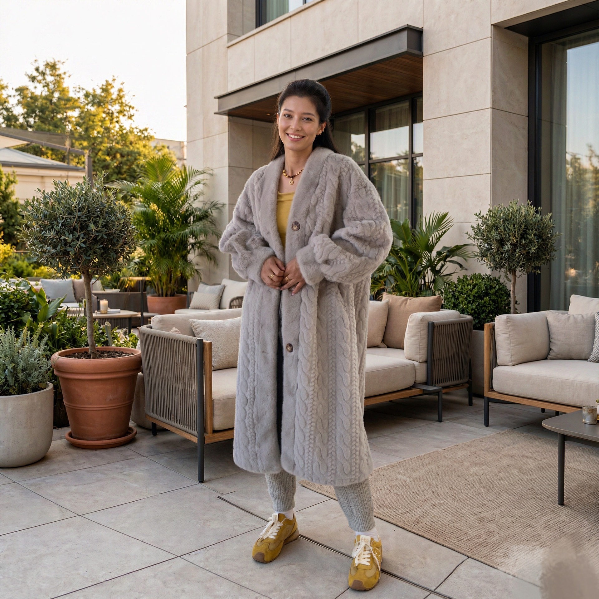 QUEENWAY | Casual Beige V Neck Button Mink Hair Leather And Fur Long Coats