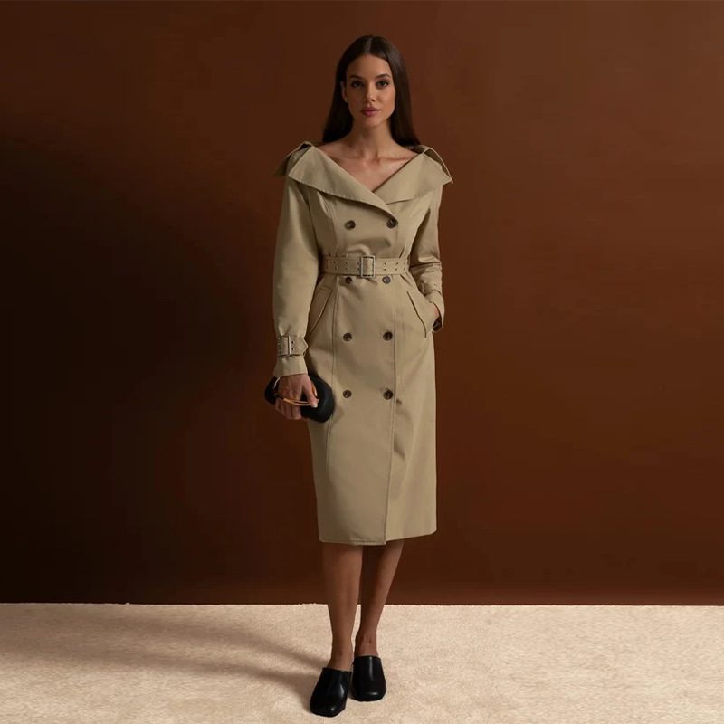 QUEENWAY | Elegant Beige Off-Shoulder Belted Trench Midi Dress