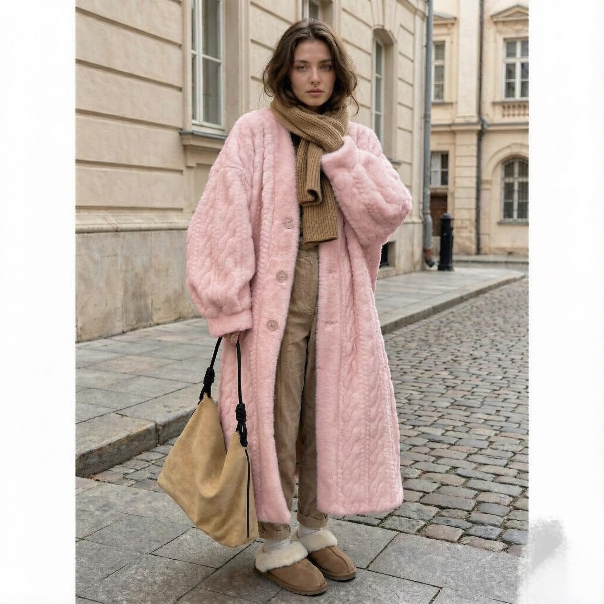 QUEENWAY | Casual Beige V Neck Button Mink Hair Leather And Fur Long Coats